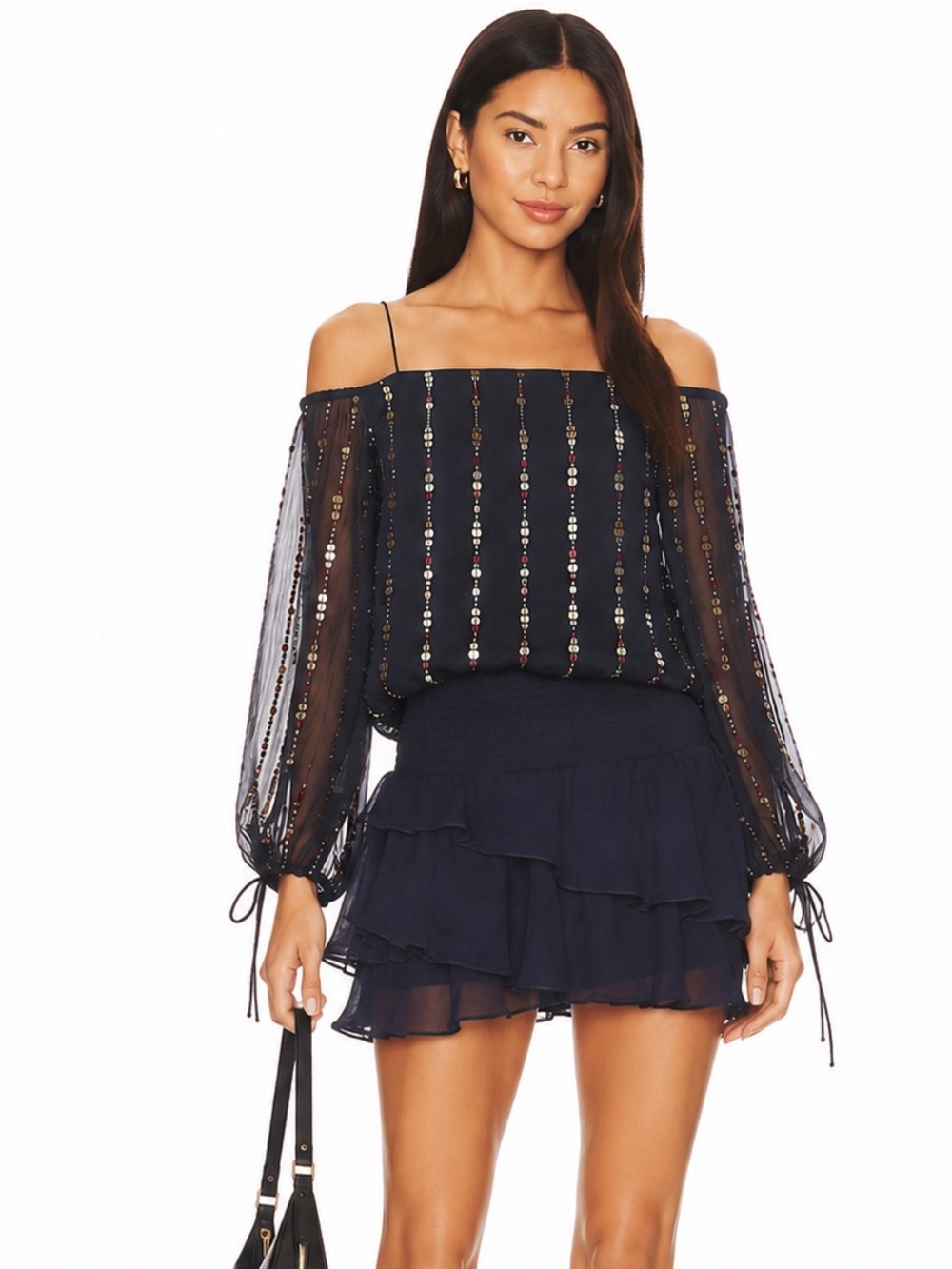 Tularosa Sequin Off Shoulder Sheer Sleeve Blouse XS blue Boho Party Top